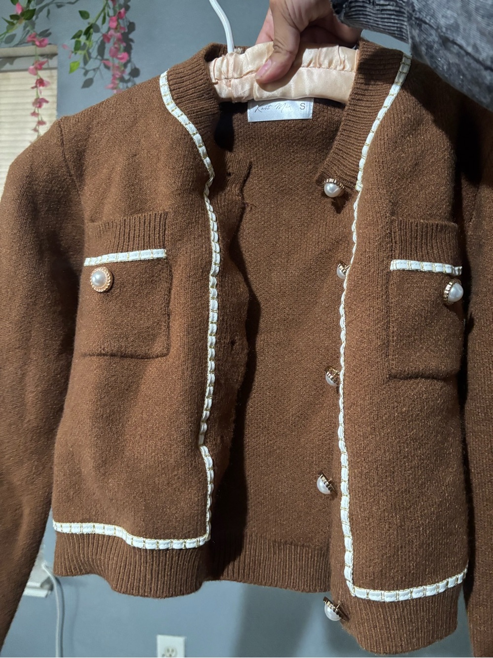Brown Pearl Button Contrast Trim Cropped Cardigan